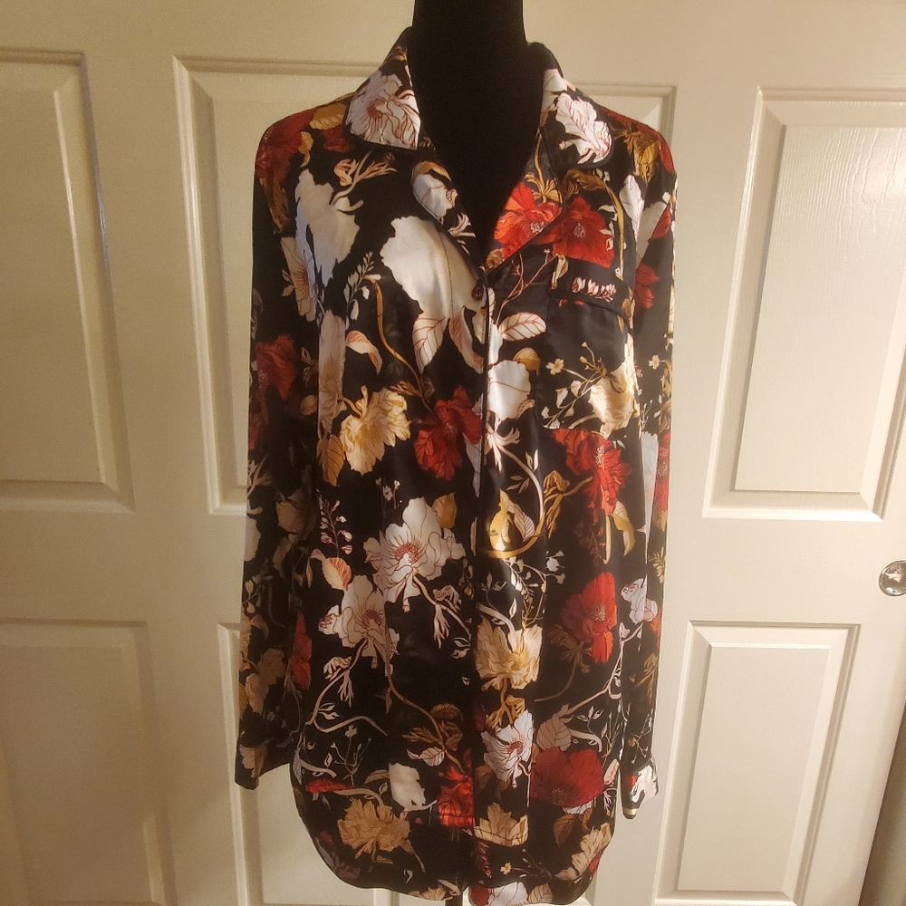 Floral Print Satin Long Sleeve Notch Collar Top and Shorts Pajama Set